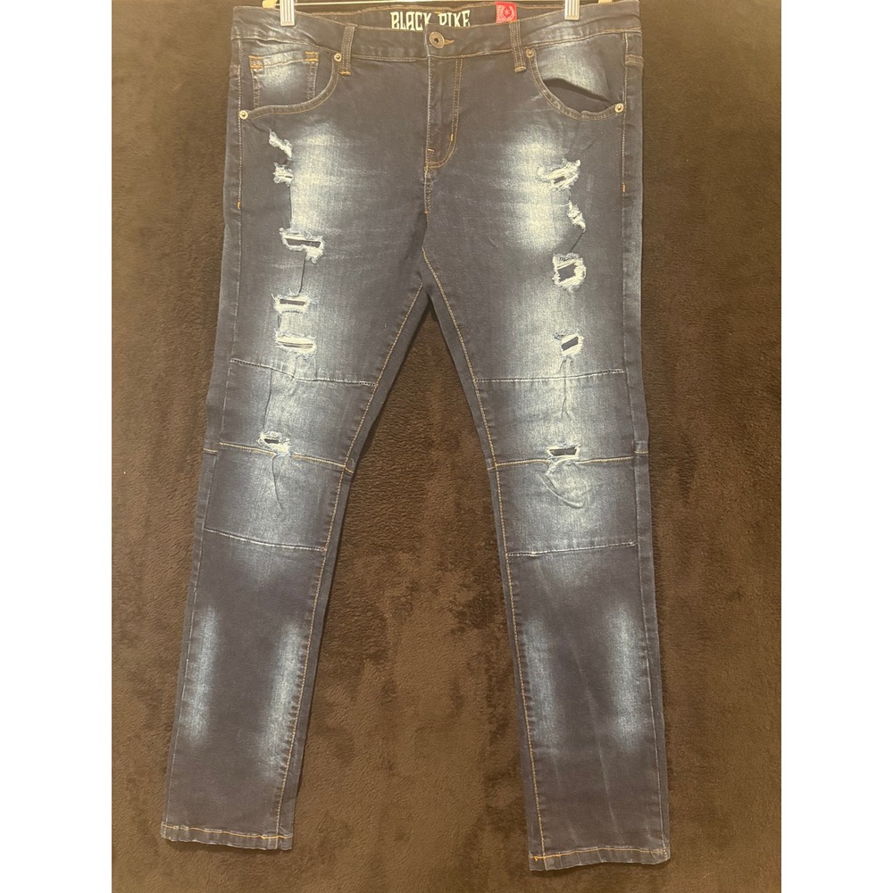 Black Dike Distressed Denim‎ Jeans Slim Fit Moto Style Patches Mens Size 32x32